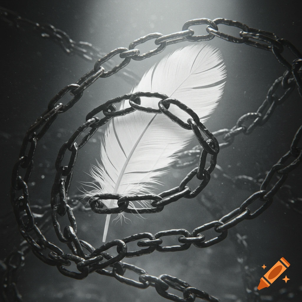 A soft white feather is encircled by dark, heavy chains in a spiral pattern, set against a dark, moody background in black and white.