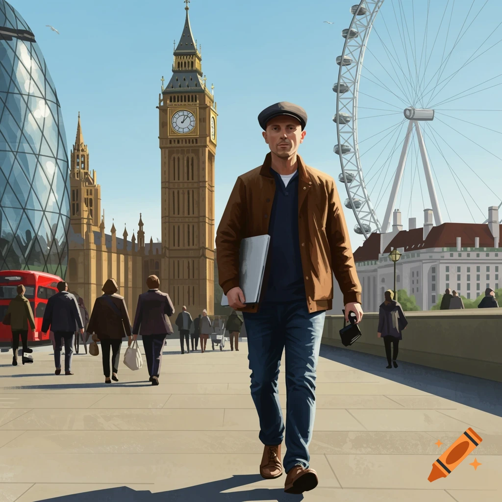 A man in a cap walks across a bridge in London, carrying a laptop, with Big Ben, the London Eye, and The Gherkin in the background.