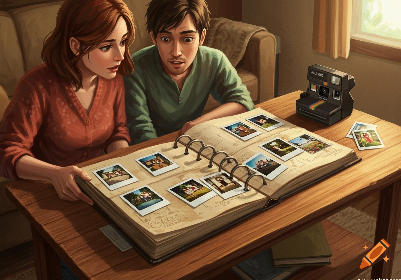 An illustration of a couple looking at a photo album filled with Polaroid pictures on a wooden table, with a Polaroid camera nearby.