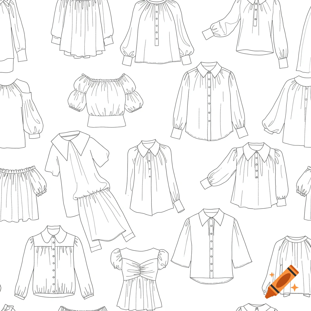 A seamless pattern of various women's tops and blouses in black and white line art.