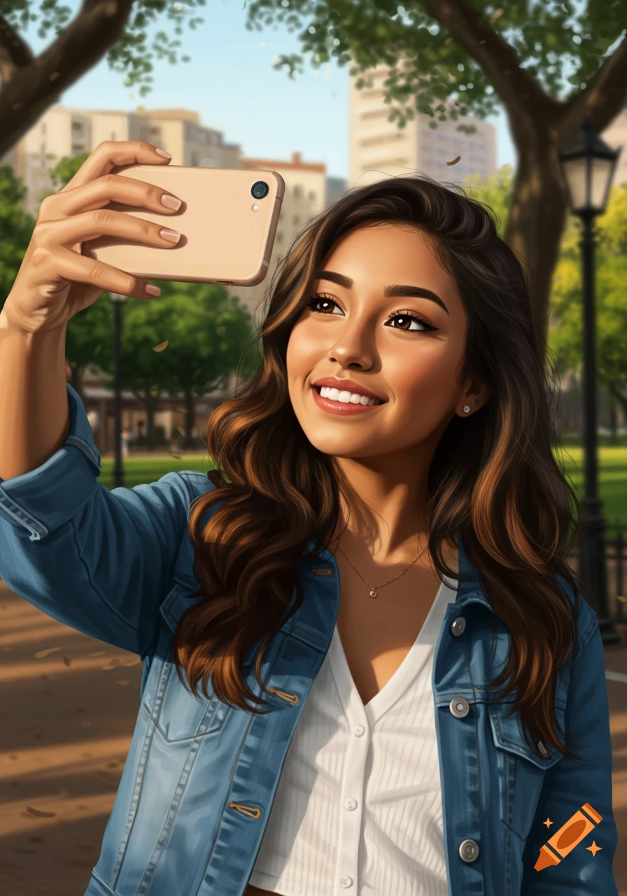 A smiling young Hispanic woman in a denim jacket takes a selfie with her phone in a sunlit park.