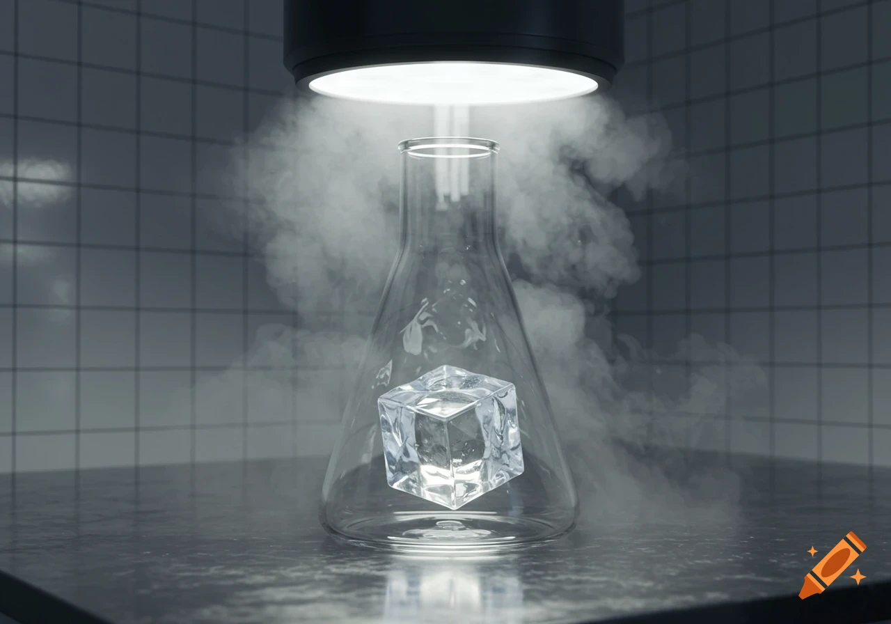 A clear glass flask contains a single ice cube, emitting cold vapor, illuminated by a bright light from above in a laboratory setting.