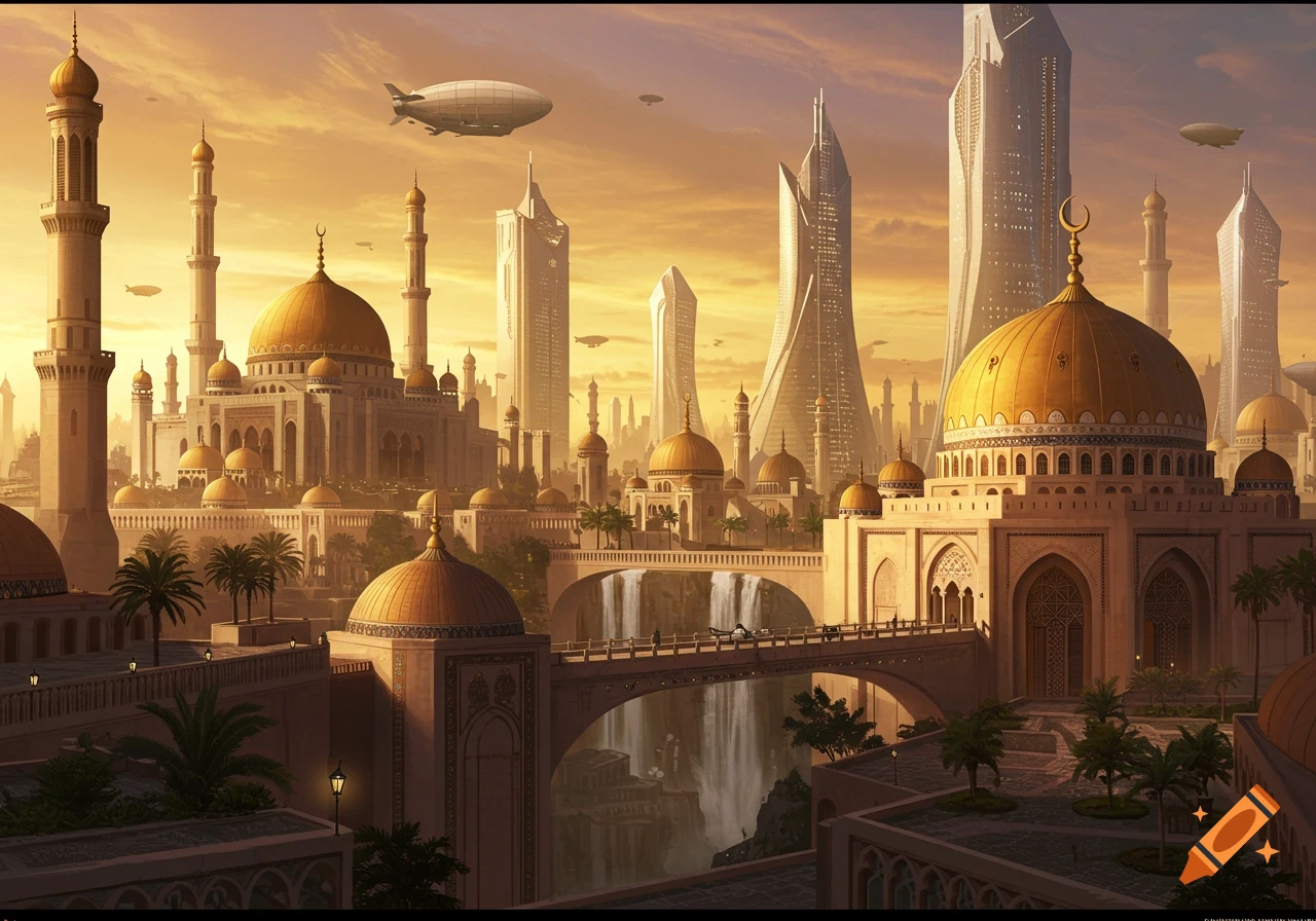 A grand futuristic city featuring golden-domed traditional buildings, sleek skyscrapers, and airships in a golden sky, with waterfalls flowing from bridges.