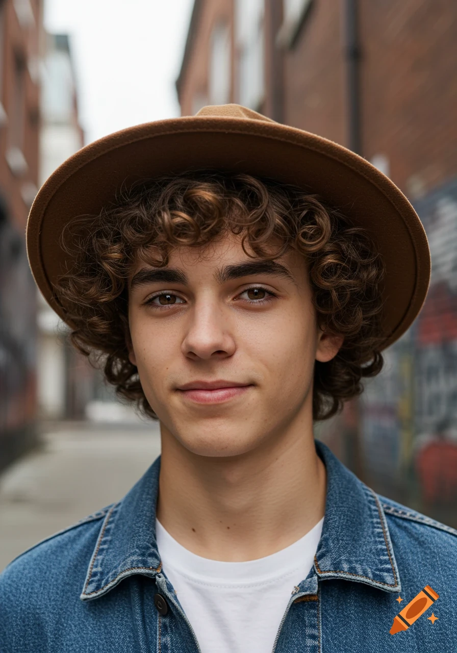 A close-up portrait of a teen boy with brown curly hair wearing a brown hat and a blue denim jacket, looking directly at the camera in an urban setting.