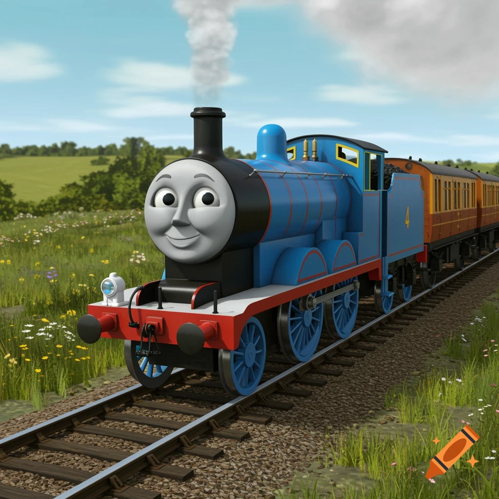 Smiling blue train engine Edward, with number 4, on a railway track in a sunny green field, cartoon style.