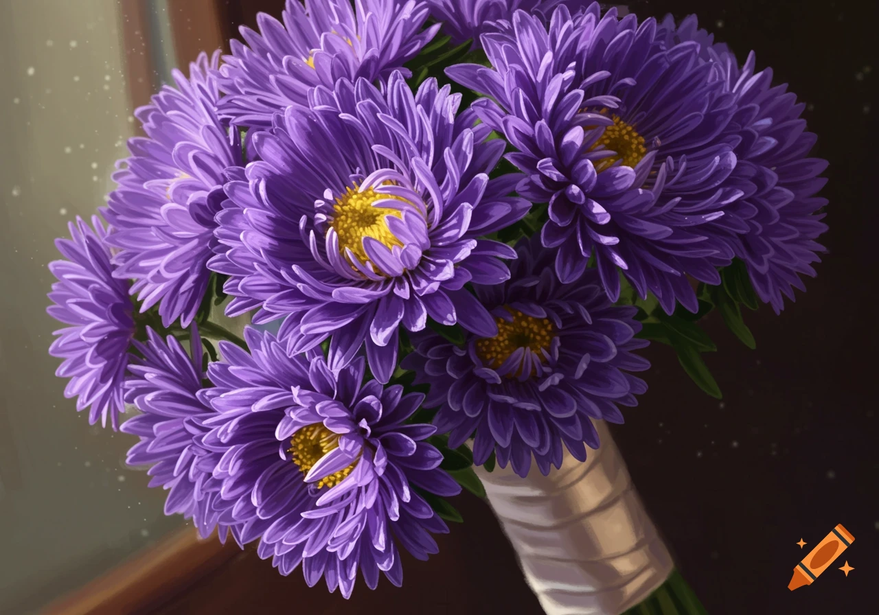 A close-up of a vibrant purple wedding bouquet with yellow-centered asters wrapped in a light ribbon.