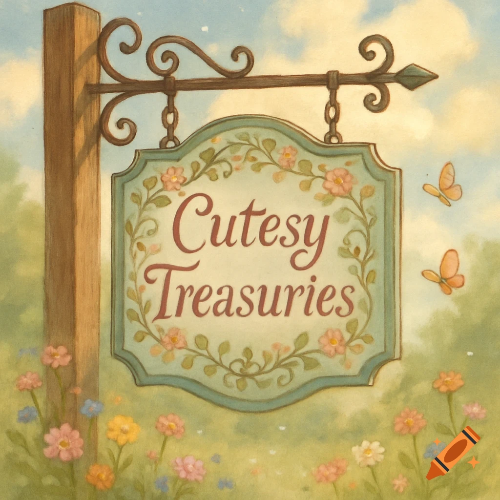 A charming, painted-style sign for 'Cutesy Treasuries' hangs from a post, surrounded by colorful flowers and butterflies under a blue sky.