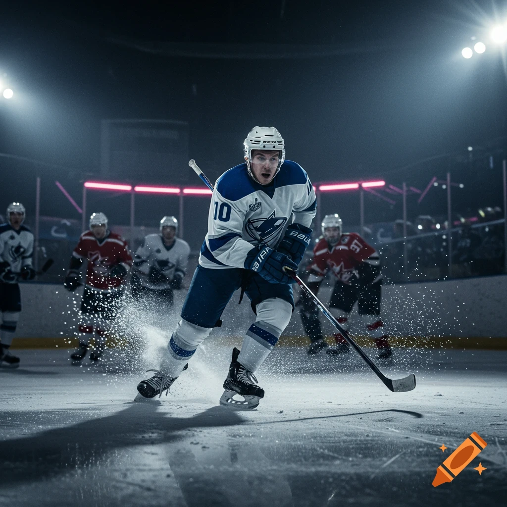 A photorealistic image of a hockey player in a white and blue uniform with number 10, skating and spraying ice on a rink during a game.