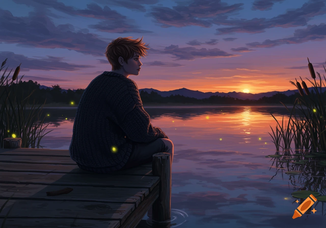 A boy sits on a wooden dock overlooking a serene lake at sunset, with fireflies glowing around.