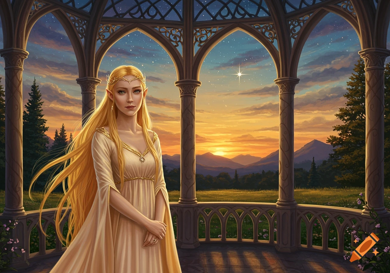 An Elven woman with long blonde hair and a golden dress stands in a majestic pavilion overlooking a sunset landscape with mountains and a starry sky.