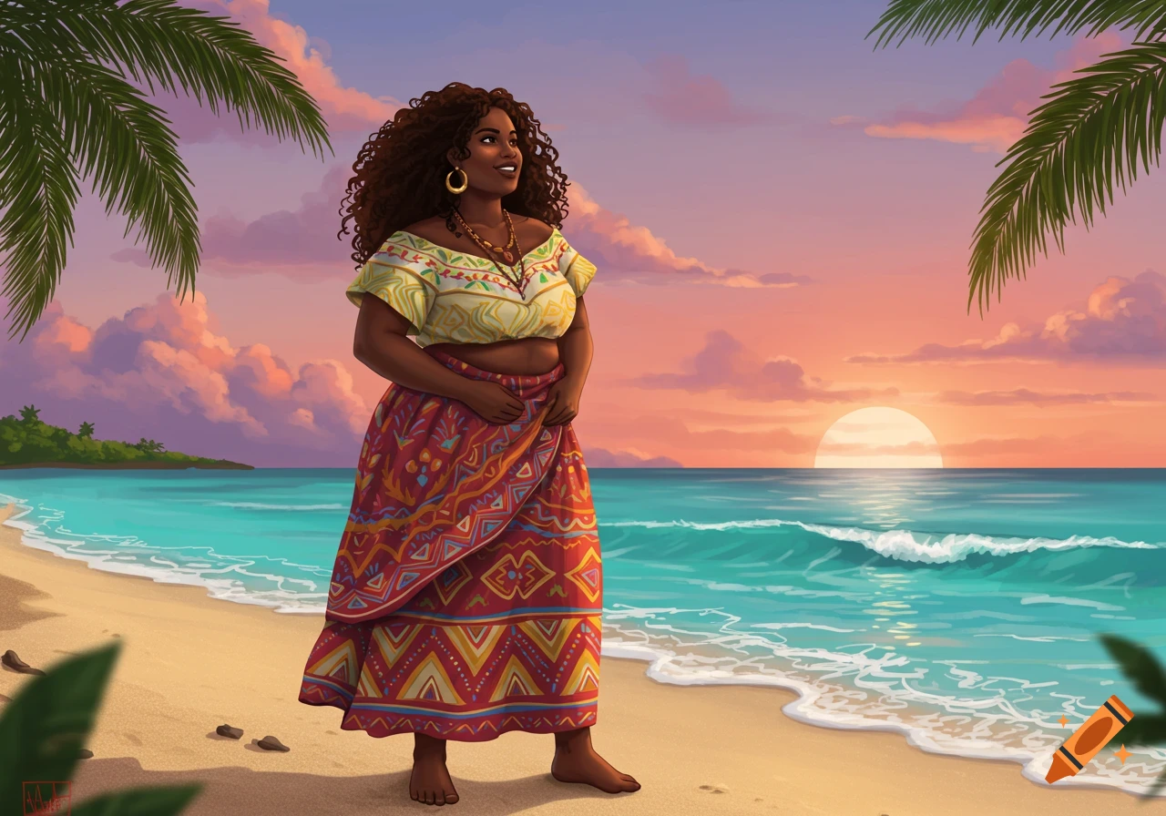 A smiling woman with curly hair stands on a sandy beach, wearing a patterned top and skirt, looking out at the ocean during sunset. The sky is orange and purple.