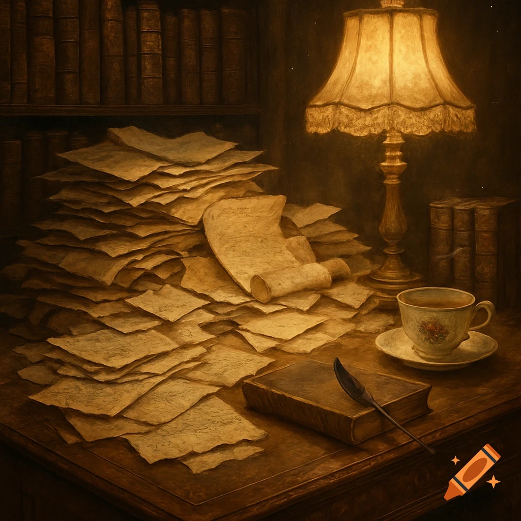 An old wooden desk cluttered with vintage papers, a glowing lamp, books, a quill, and a teacup in a dim room.