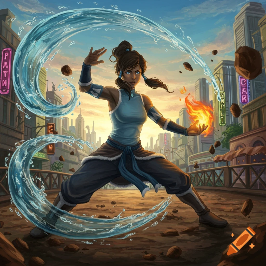 Korra, with determination, bends water, fire, and earth in a dynamic pose against a city sunset.