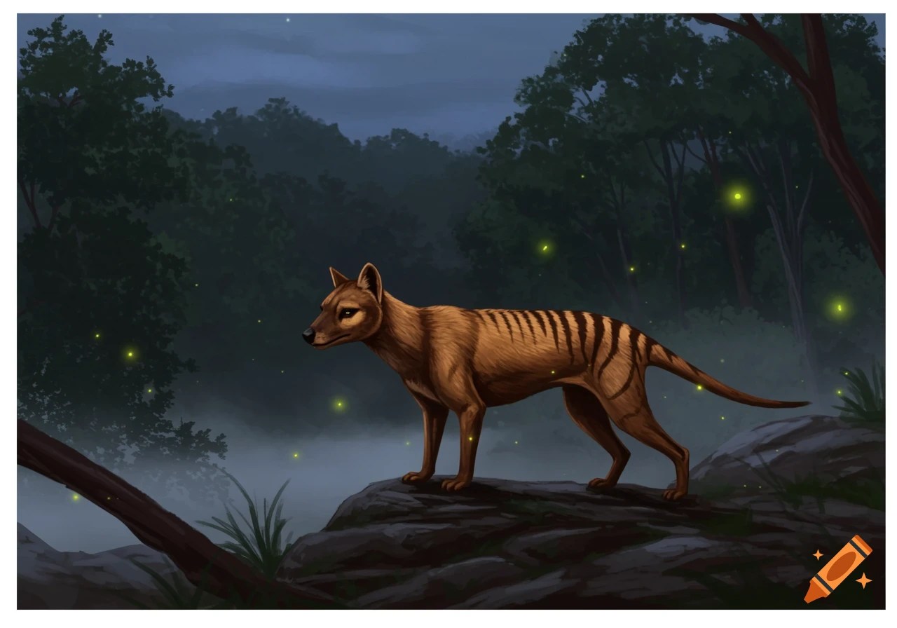 An illustrative image of a thylacine standing on a rock in a dark, misty forest at night with fireflies.