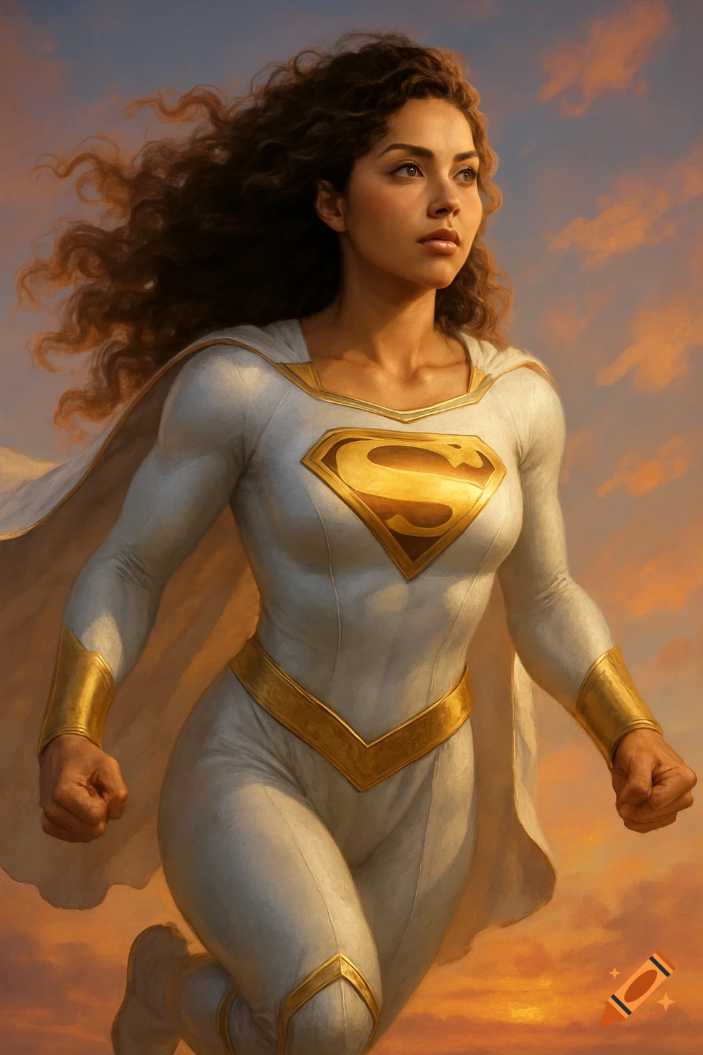 A Latina superhero in a white and gold Superman costume with a flowing cape flies through a sunset sky.