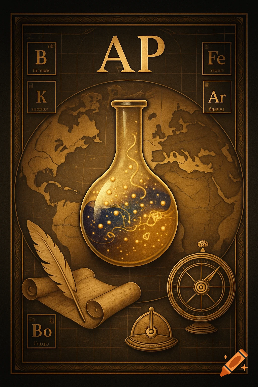 A vintage-style graphic with a central glowing beaker over a world map, surrounded by chemical symbols, a quill and scroll, and a compass.