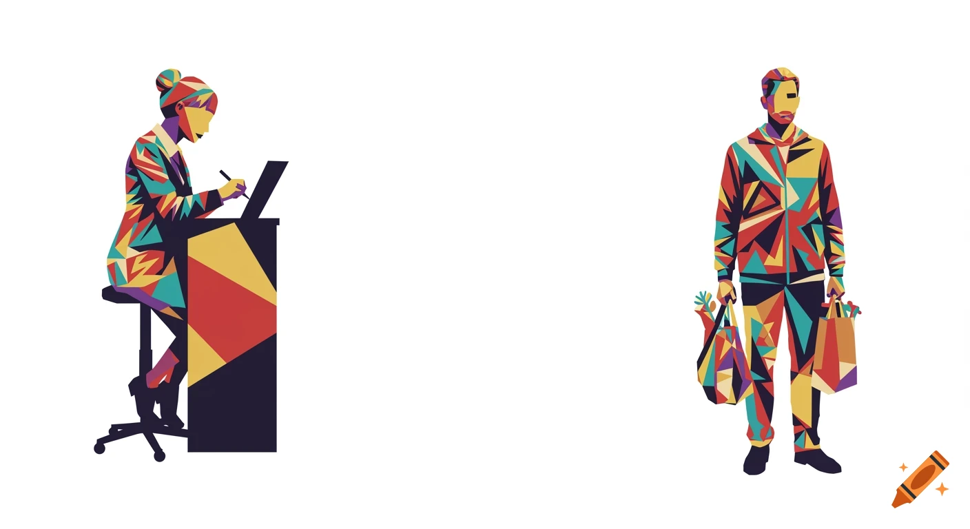 Two stylized abstract figures: a woman working at a desk on the left, and a man holding grocery bags on the right, both in colorful geometric patterns.