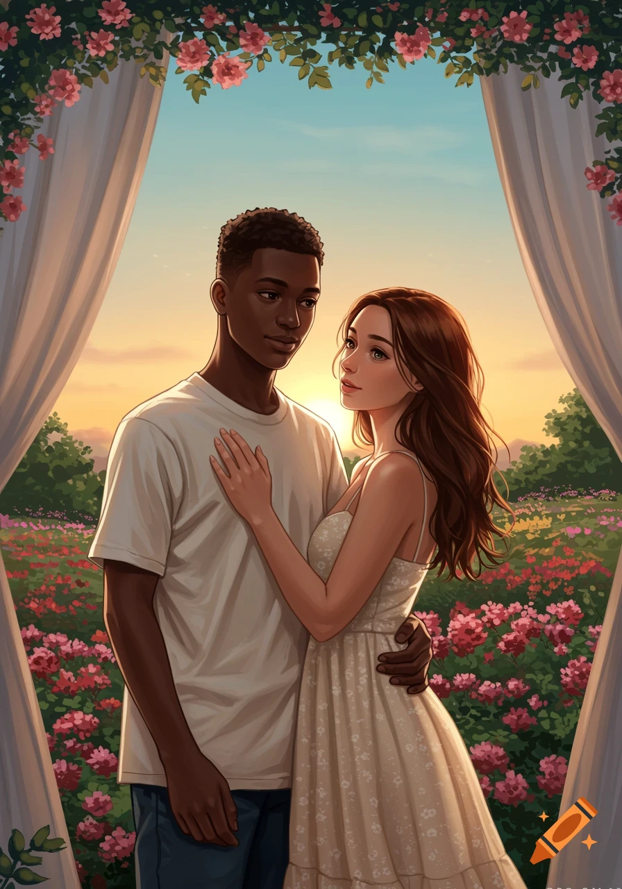 An illustrated interracial couple embraces under a floral archway at sunset, surrounded by a field of pink flowers.