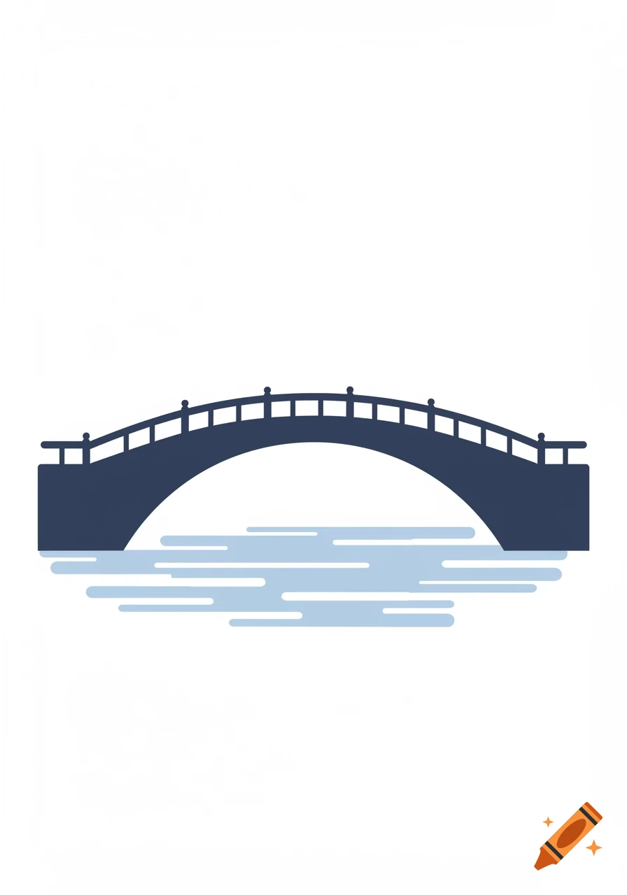 A simple dark blue arch bridge over light blue water against a white background, in a clipart style.