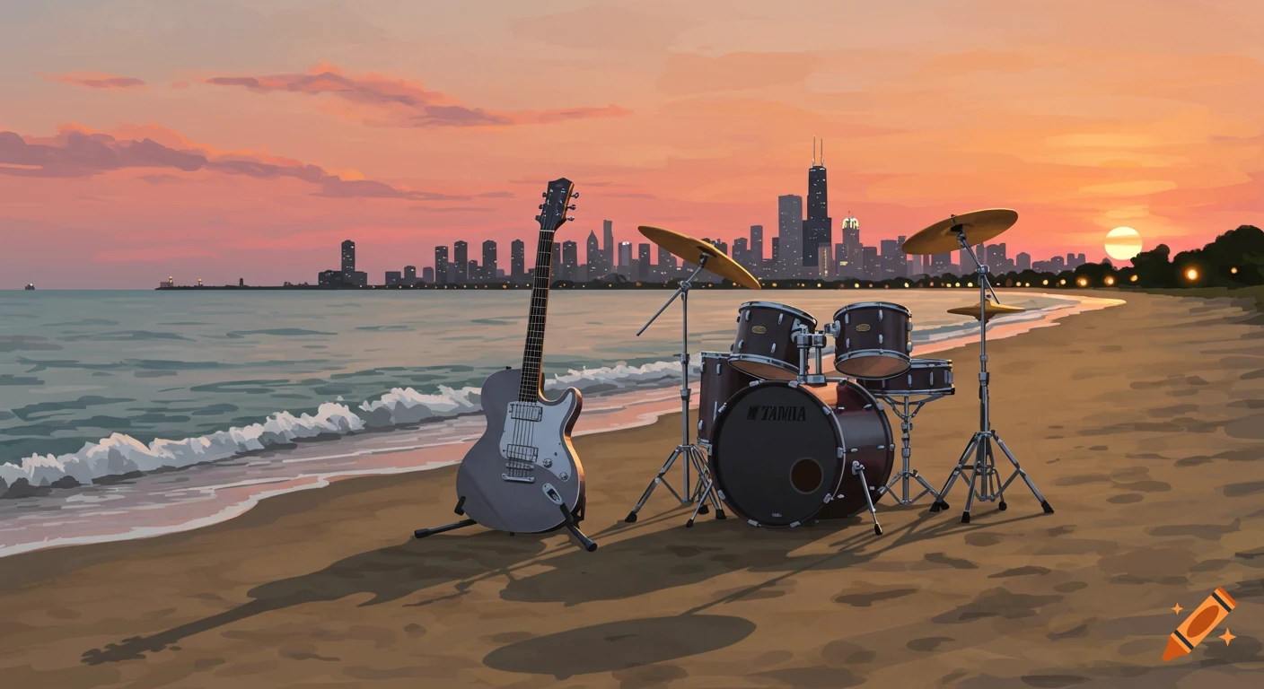 A grey electric guitar and a brown drum kit are set up on a sandy beach at sunset, with a city skyline across the water in the background.