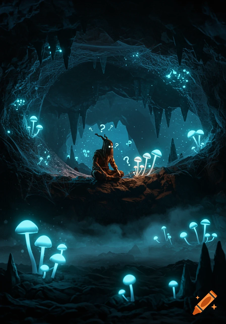 A mysterious hermit figure sits amidst glowing blue mushrooms and spiderwebs in a dark, mystical cave.