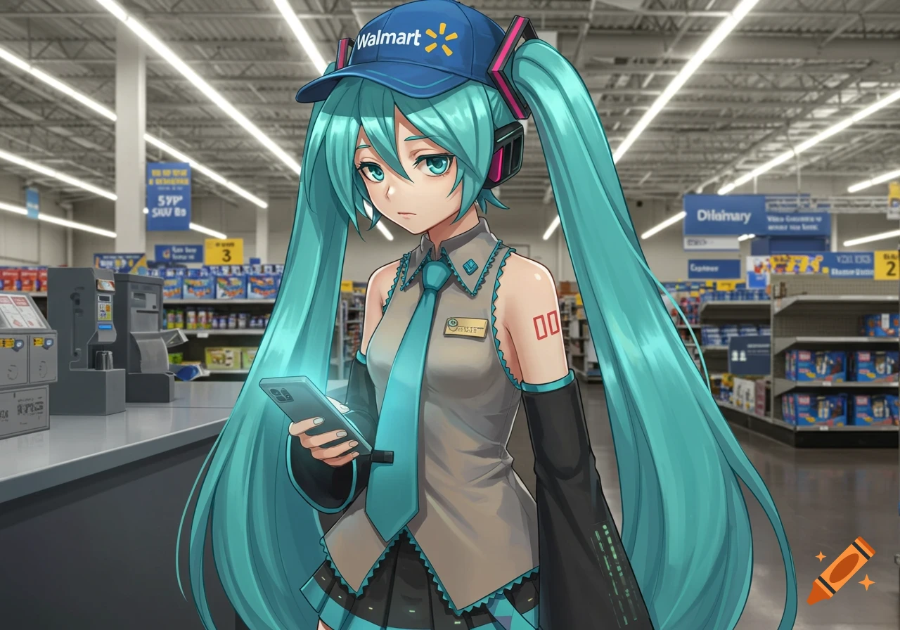 Hatsune Miku in a blue Walmart uniform and cap, holding a glowing smartphone in a Walmart store.
