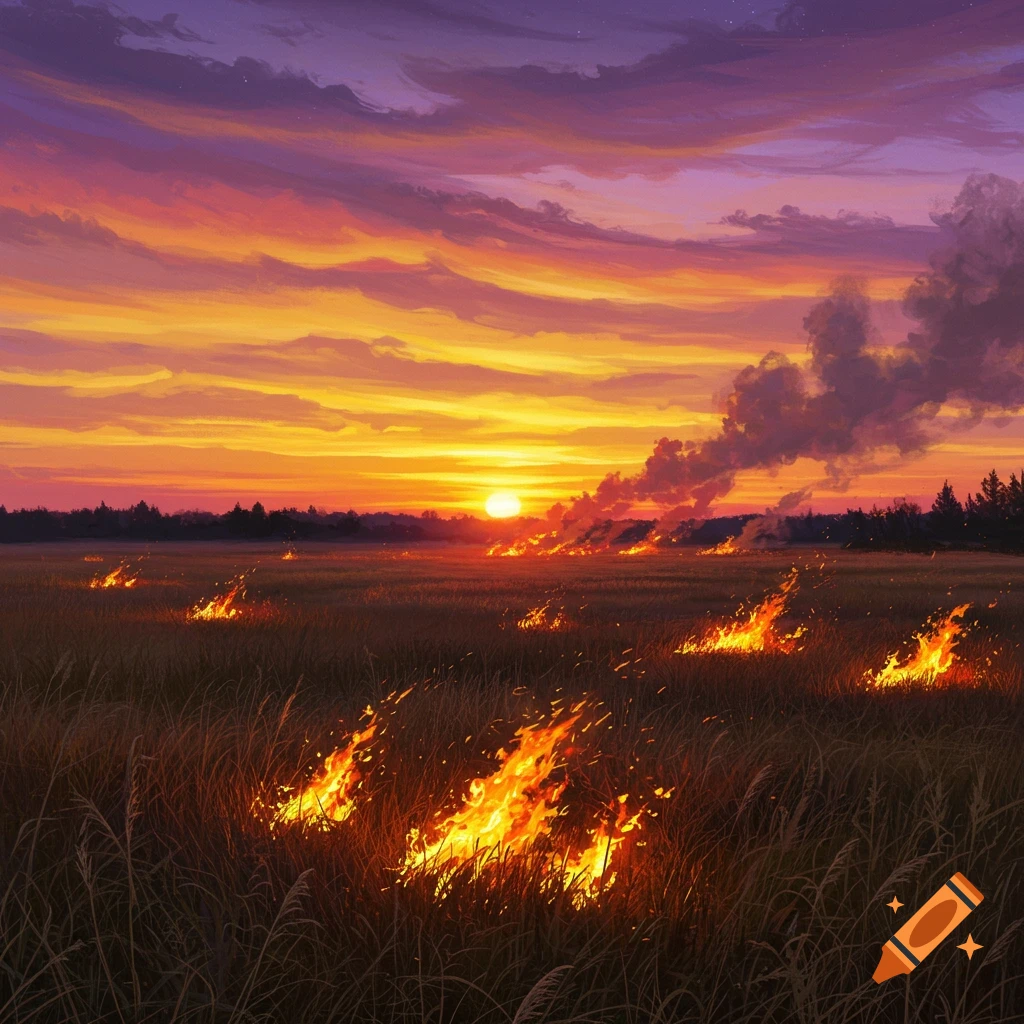 A field with multiple small fires burning under a vibrant orange and purple sunset sky.