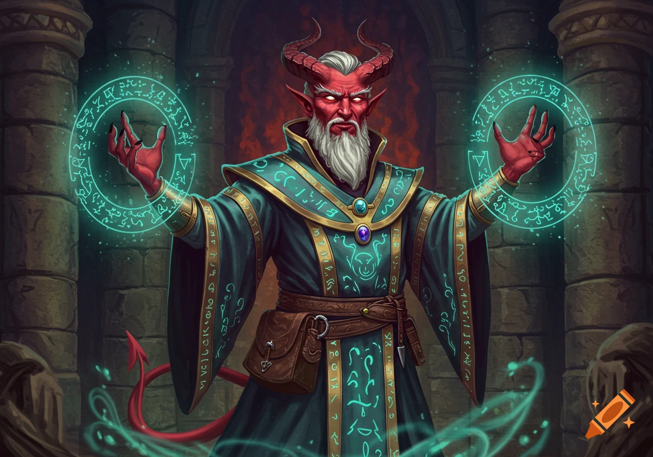 A red-skinned, horned tiefling sorcerer with a white beard and glowing red eyes casts a spell, surrounded by magical runes in a dark dungeon.