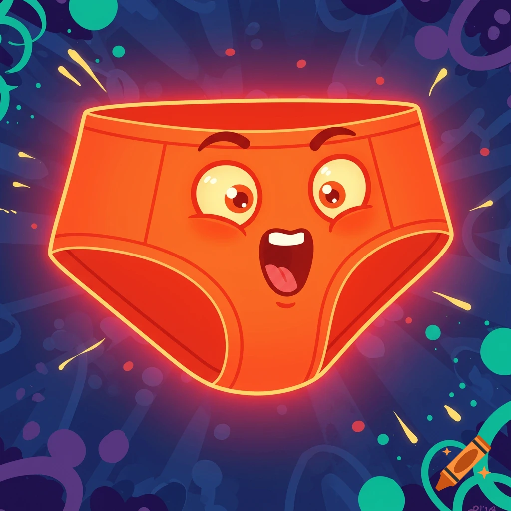A vibrant orange cartoon pair of underwear with large eyes and an open mouth, glowing against a dark blue background with abstract green and purple shapes.