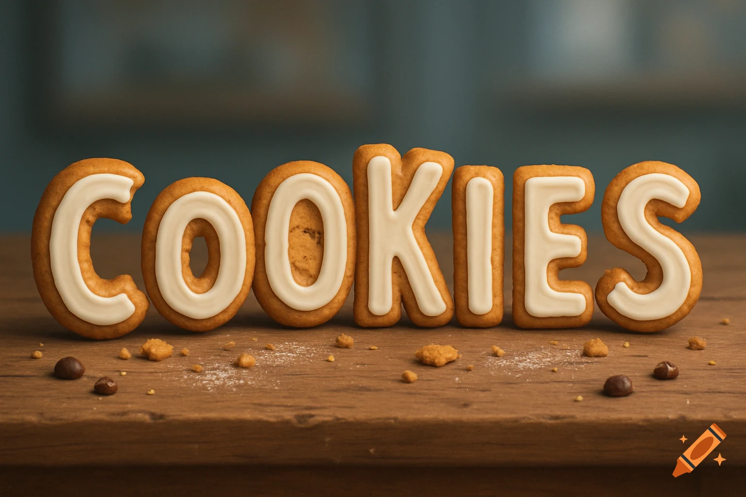 The word COOKIES spelled out with individual frosted cookies on a wooden table, with crumbs and chocolate chips scattered around.