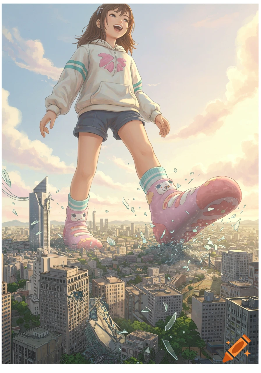 A giant anime girl in a hoodie and shorts steps on a city, causing buildings to collapse and glass to shatter around her feet.