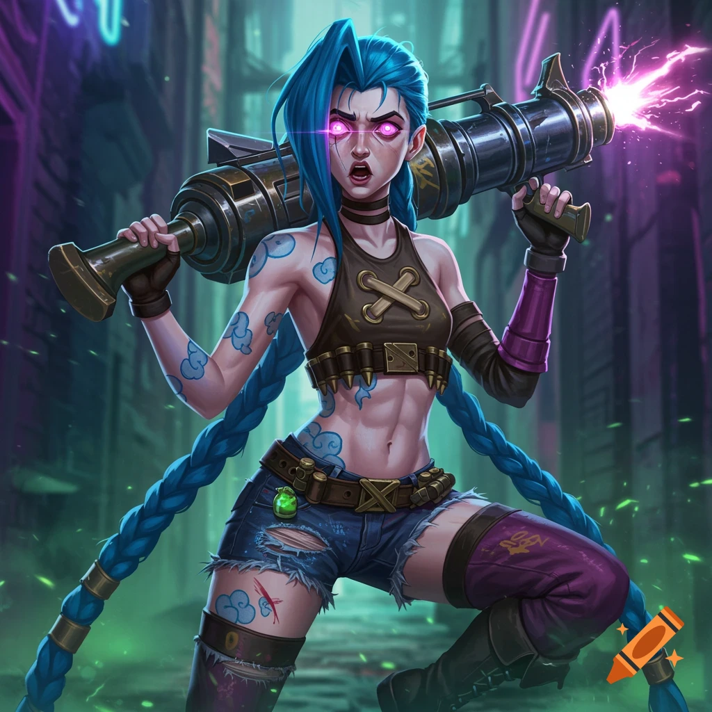 Digital art of Jinx from League of Legends with blue braids, a crop top, and ripped shorts, holding a large rocket launcher in a neon-lit alley.