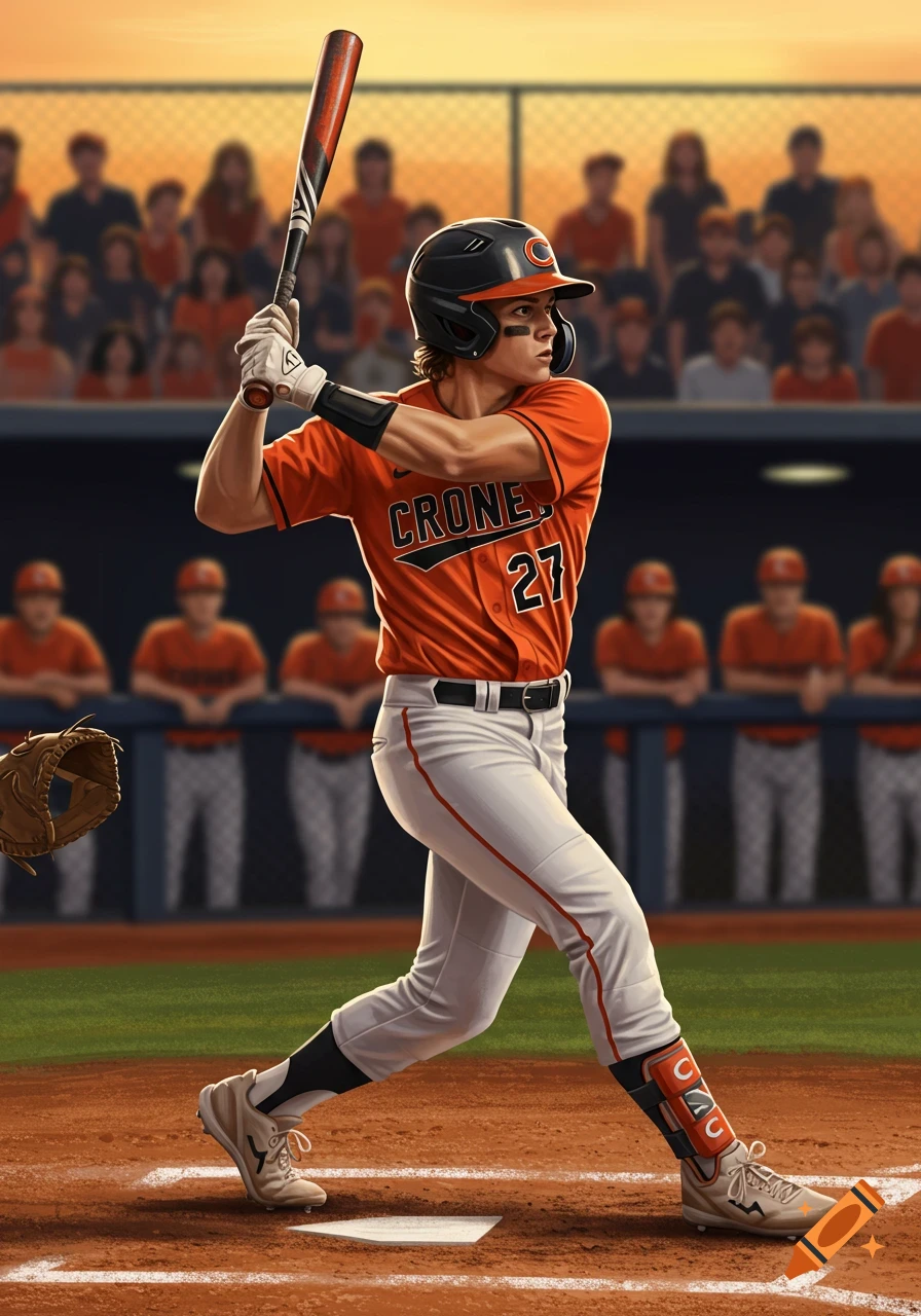 A high school baseball player in an orange jersey and white pants stands at bat on a dirt field with a stadium in the background.