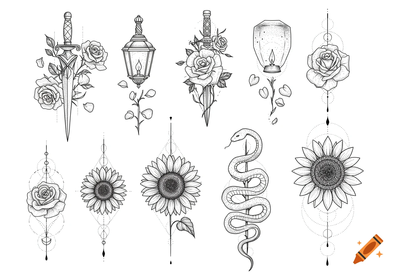 A grid of black ink fine-line tattoo flash designs including swords, roses, sunflowers, lanterns, and a snake with delicate dot shading.