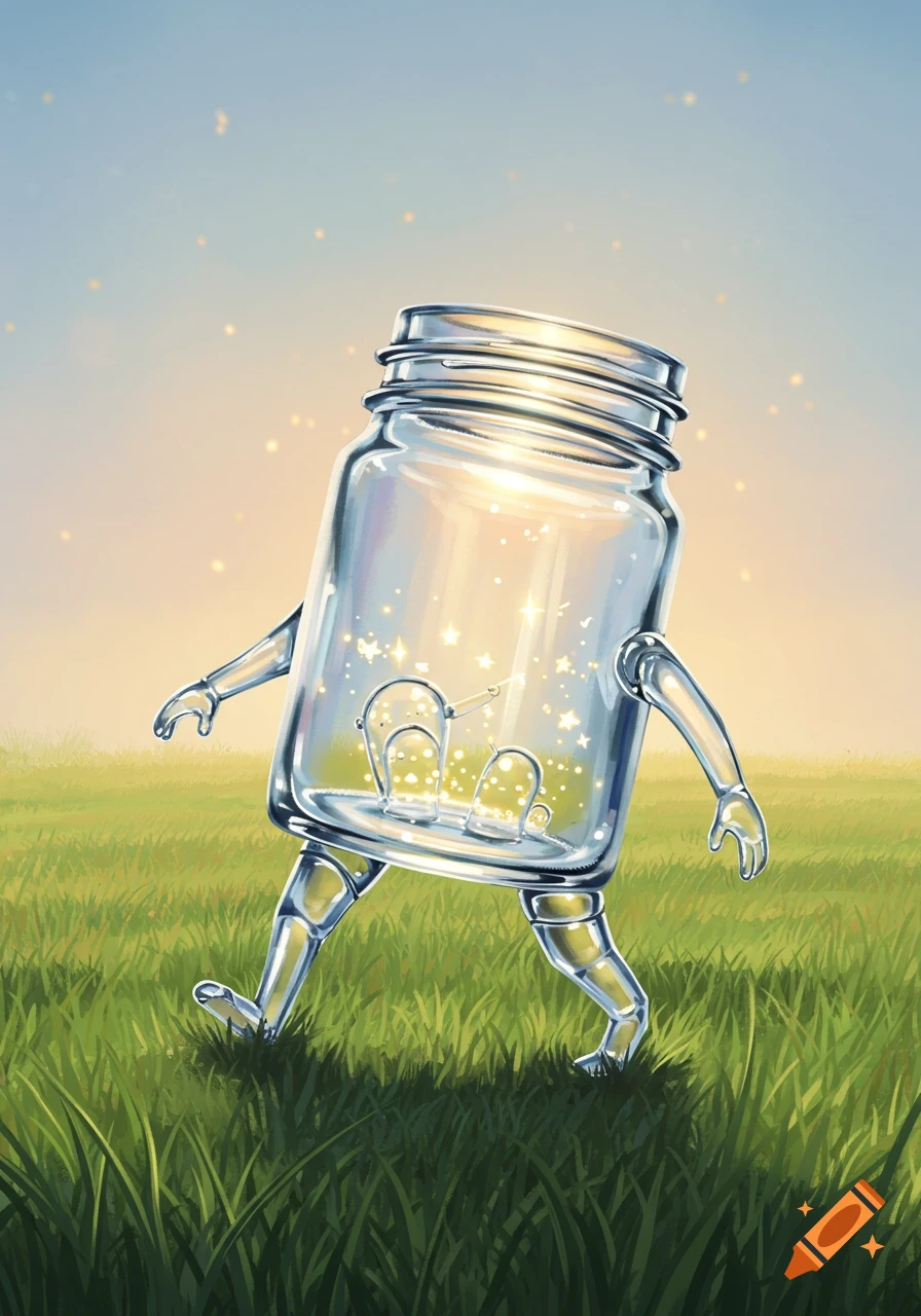 An anthropomorphic glass jar with metallic limbs walks through a green field, glowing sparkles inside it.