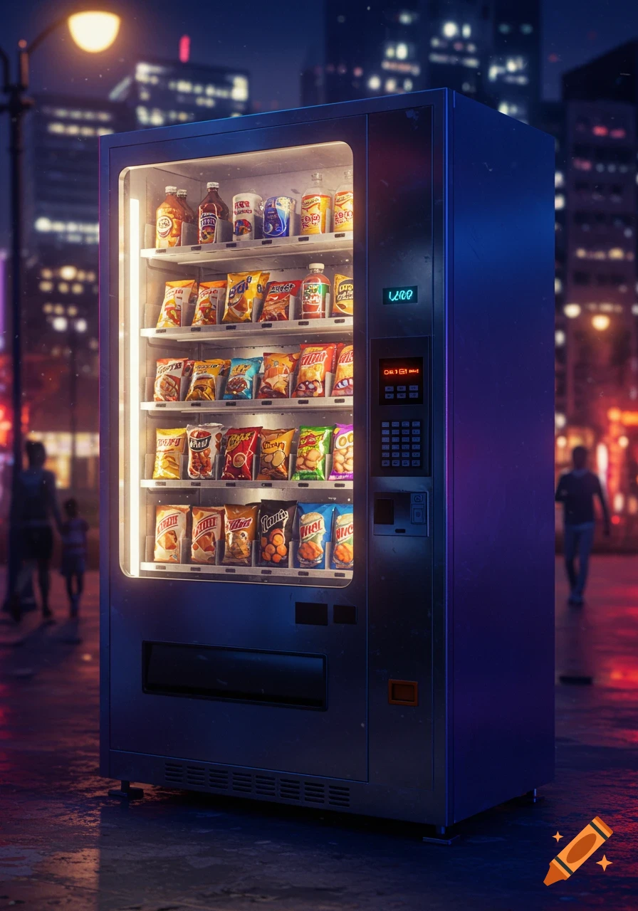 A photorealistic image of a brightly lit vending machine filled with snacks and drinks on a city street at night. People are blurred in the background.