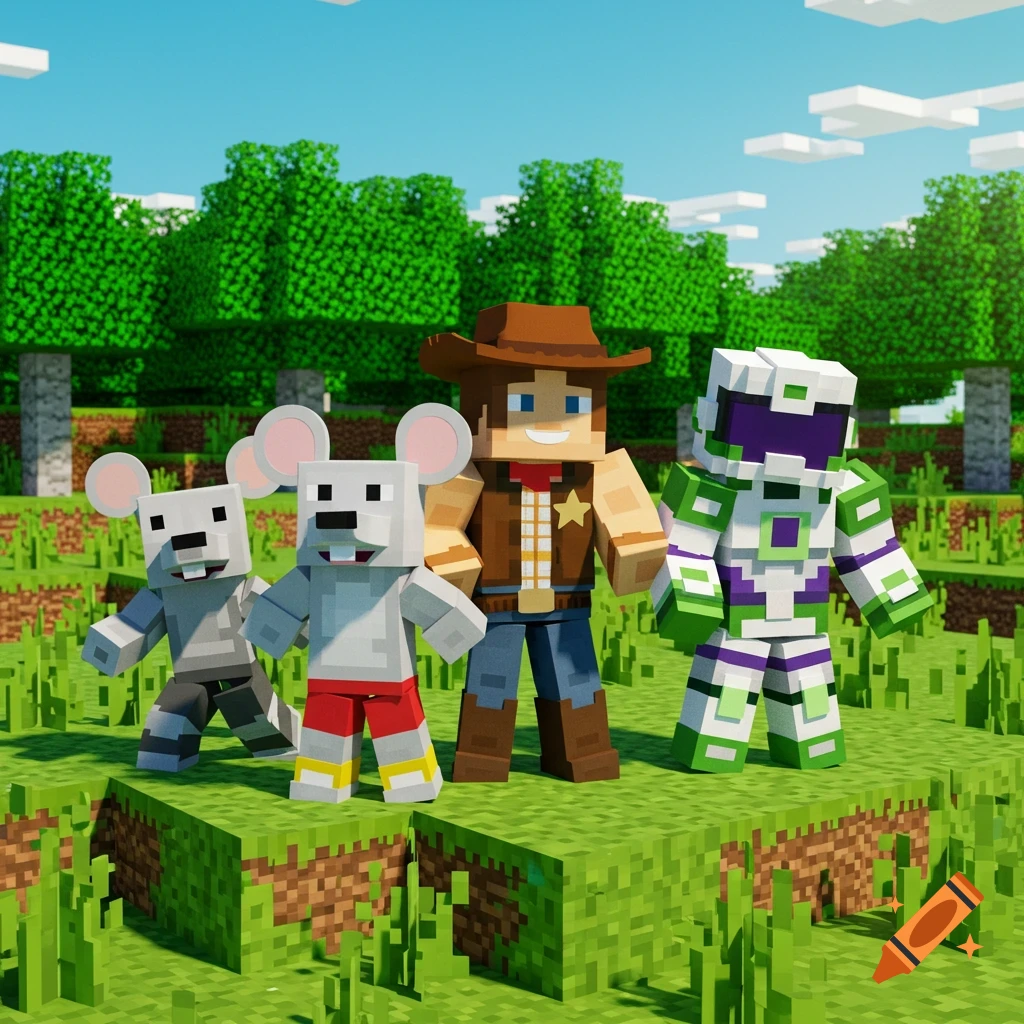 A group of blocky Minecraft-style characters, including a mouse, cowboy, and space ranger, stand in a pixelated field.