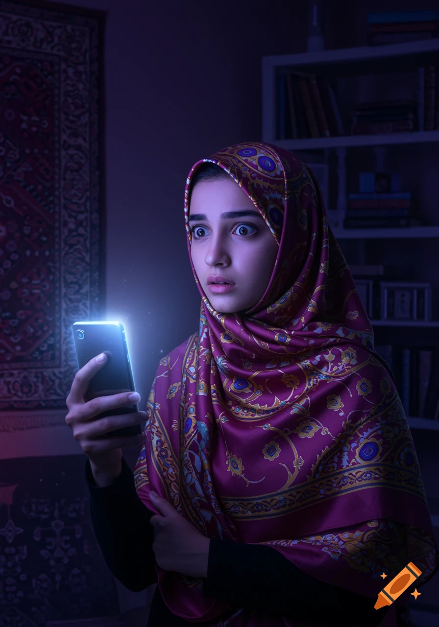 A photorealistic portrait of a young woman in a purple hijab looking scared at her glowing smartphone in a dark room.