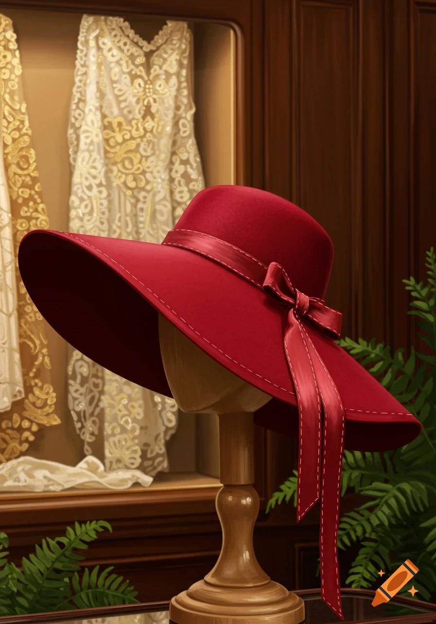 A vibrant red wide-brimmed hat with a matching ribbon and bow, displayed on a wooden stand in front of blurred white lace dresses.