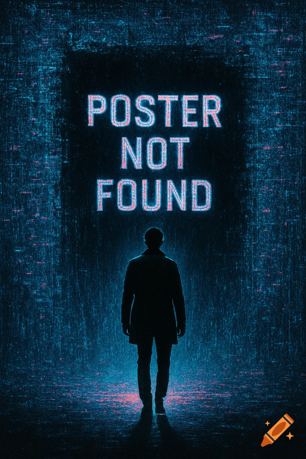A silhouette of a person stands before a large, glowing "POSTER NOT FOUND" sign in a dark, glitchy digital environment.
