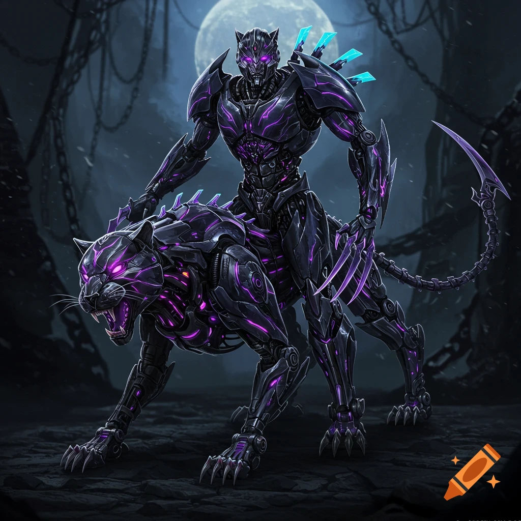 A black robotic figure with glowing purple accents rides a black robotic panther with glowing purple eyes and details, against a dark, moonlit background.