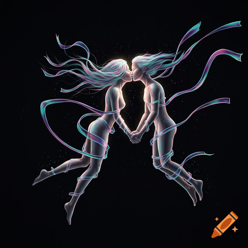 Two ethereal figures wrapped in swirling light ribbons kiss and hold hands while floating in a dark, star-filled void.