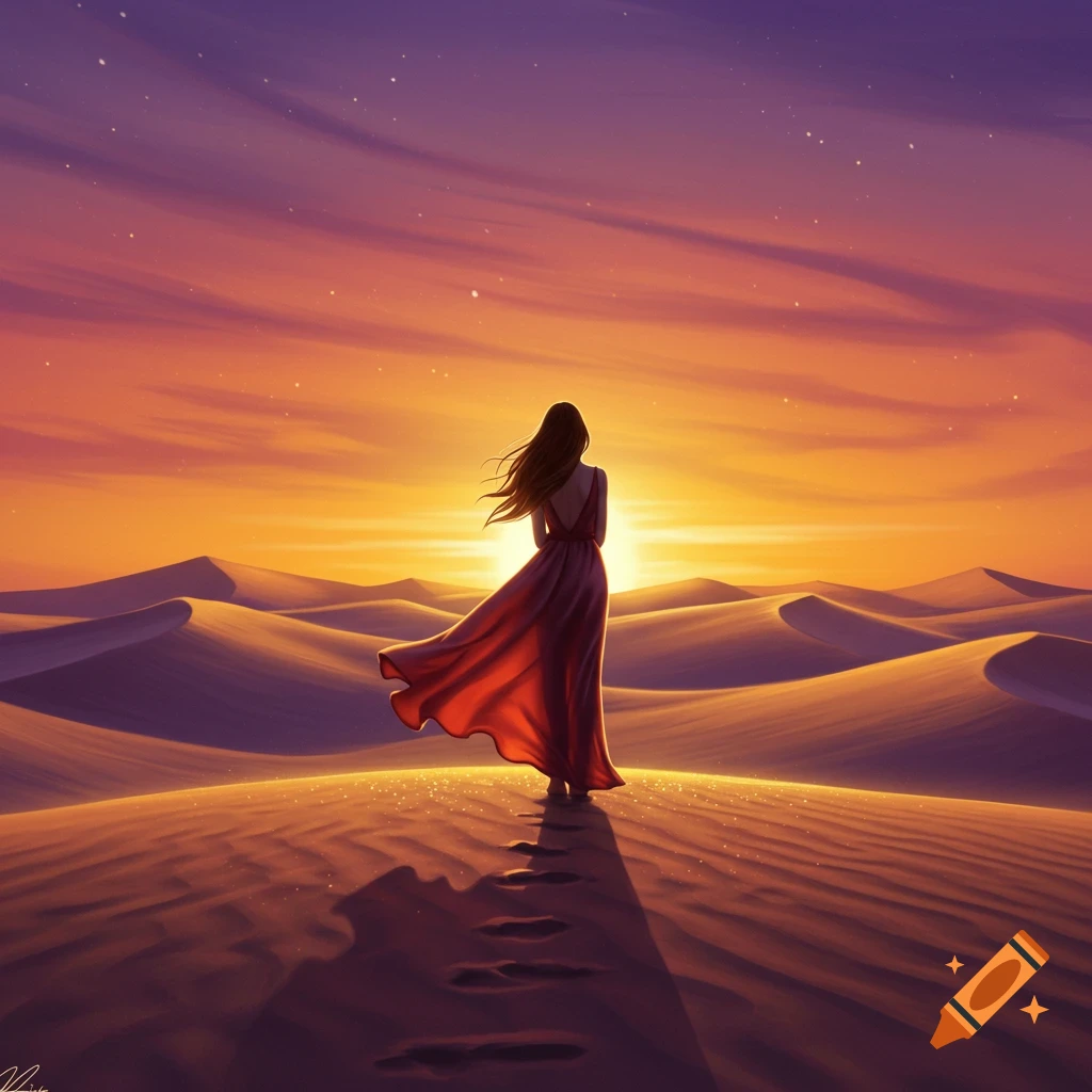 A woman in a flowing red dress stands on desert dunes, gazing at a vibrant orange and purple sunset.
