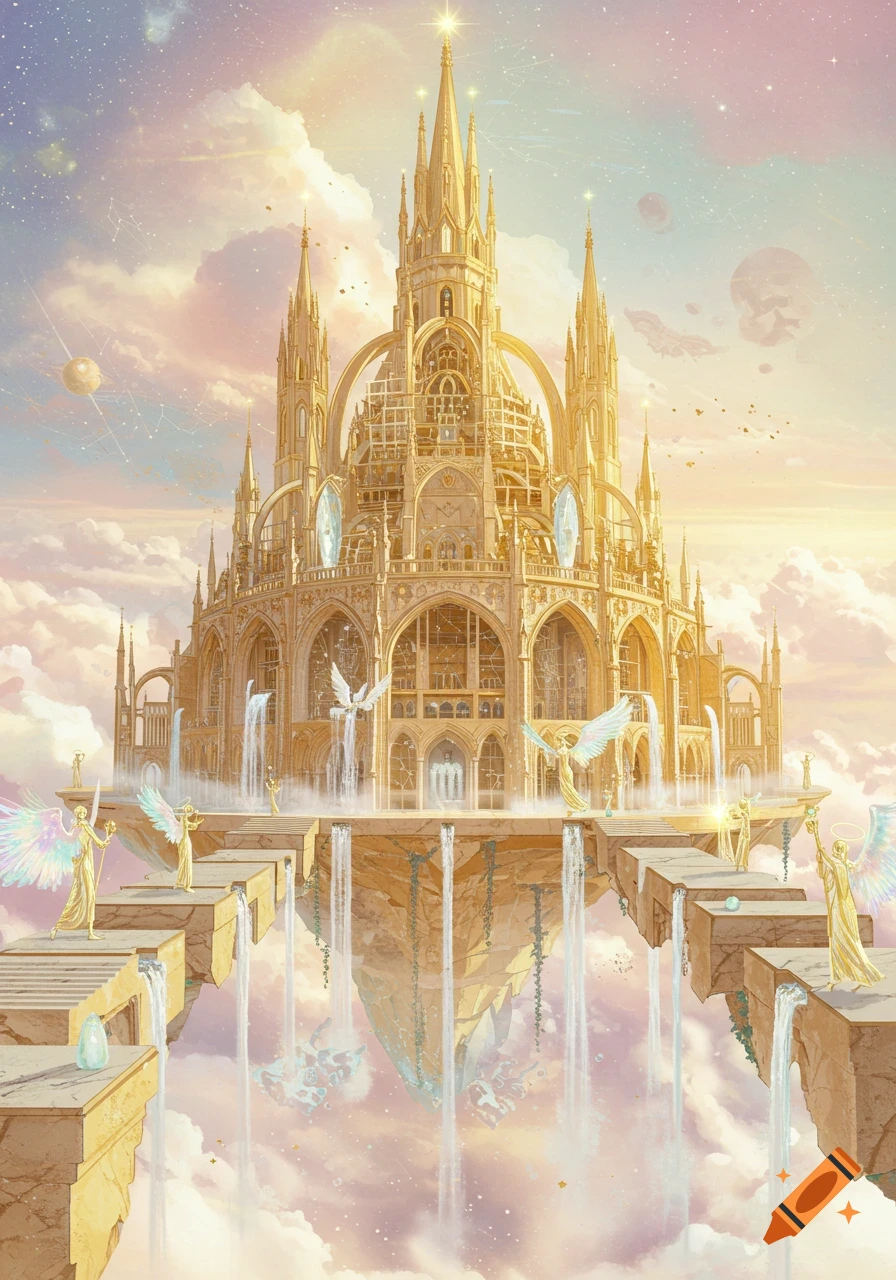 A grand golden celestial castle floats in a pastel sky with angels, waterfalls, and starry clouds.