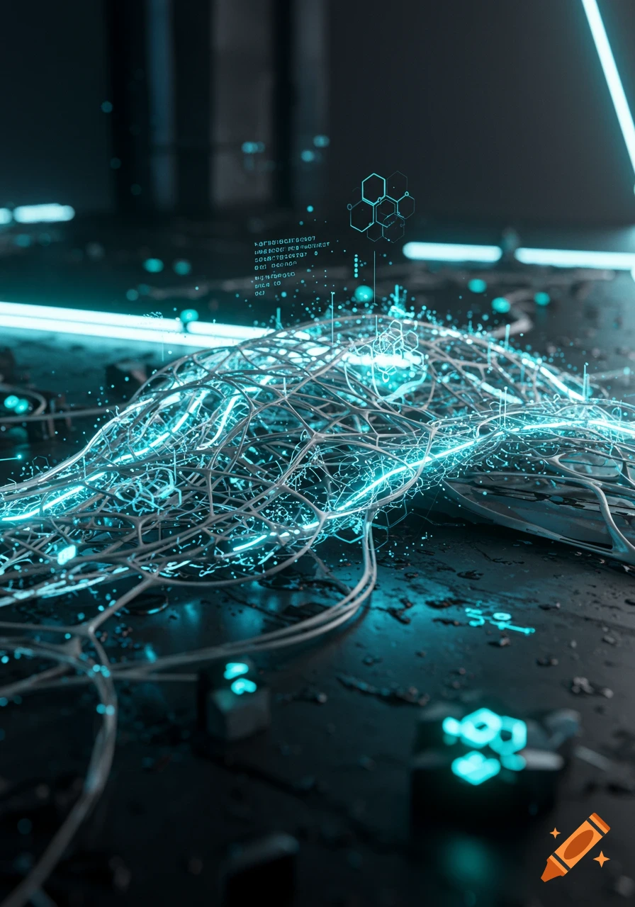 Abstract digital art depicting glowing cyan data streams and interwoven neural networks on a dark, textured surface.
