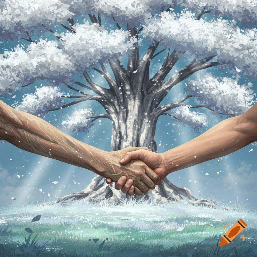 A handshake between a gnarled, root-like hand and a human hand, set against a large white tree in a snowy landscape.