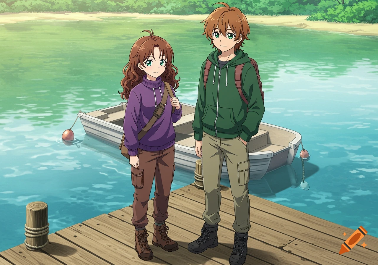 An anime couple stands on a wooden dock by a calm lake with a small boat. The girl has brown wavy hair and wears a purple hoodie; the boy has reddish-brown hair and wears a green hoodie.