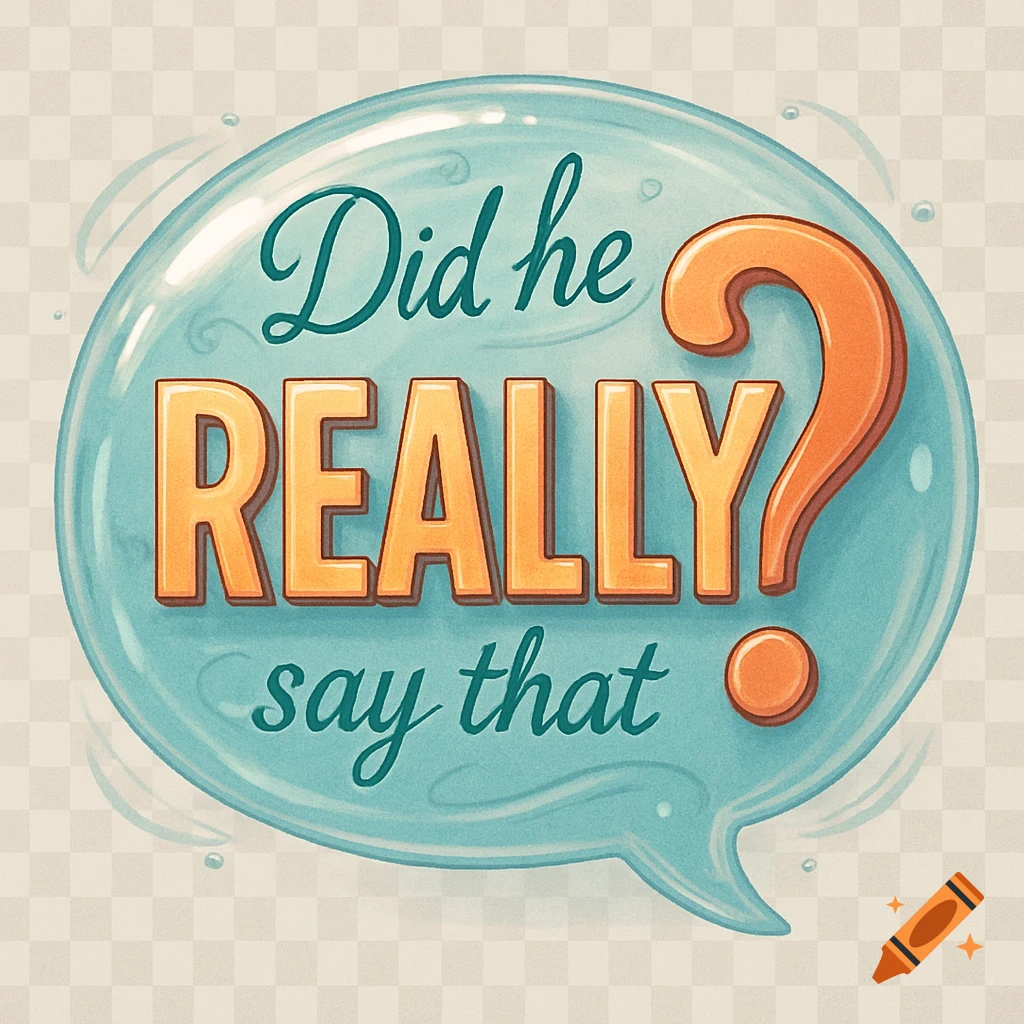 A blue cartoon speech bubble with 'Did he REALLY? say that' text in orange and green, featuring a large orange question mark.