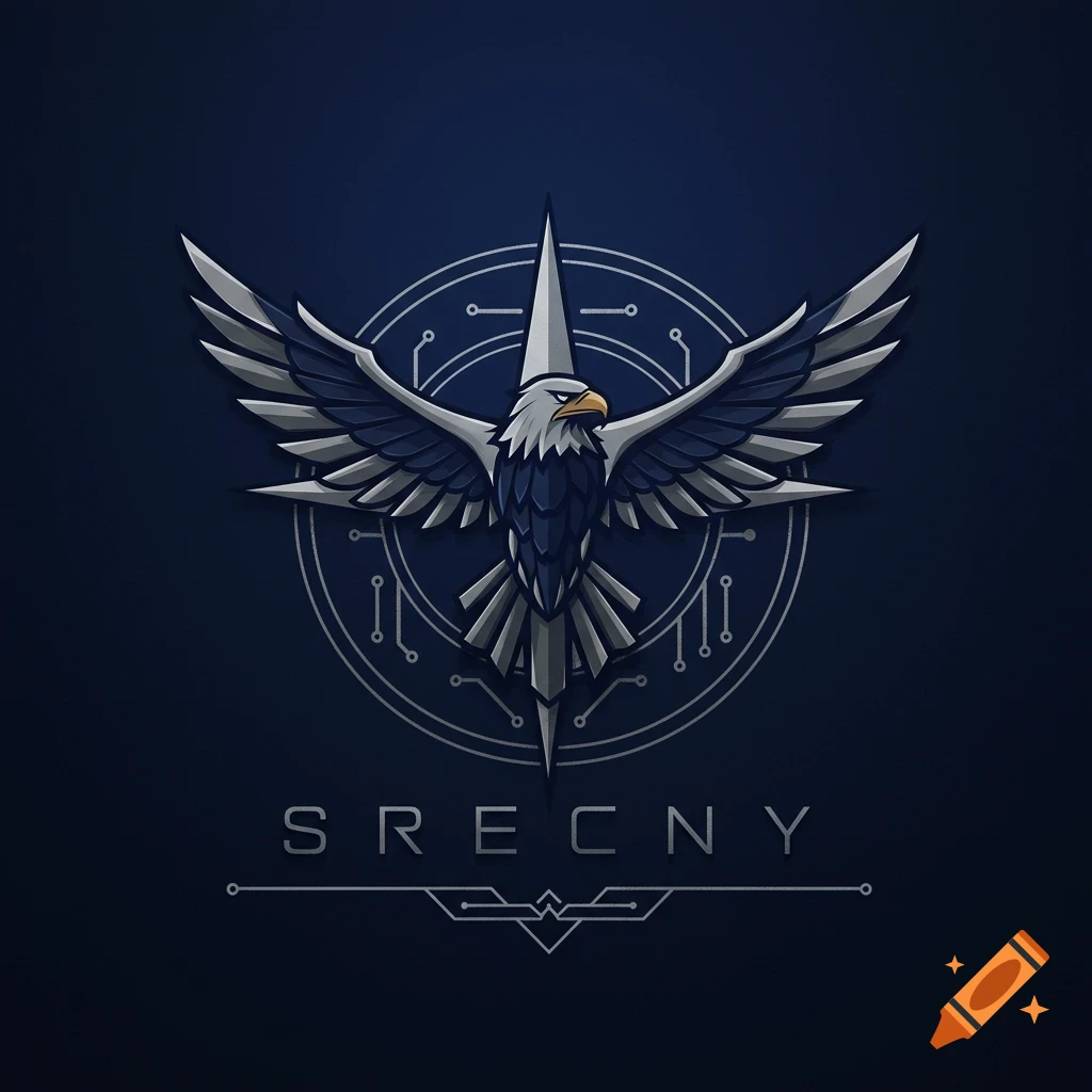 A modern, stylized logo featuring a silver and dark blue eagle with spread wings above the word 'SRECNY' and a circuit board-like circular design.