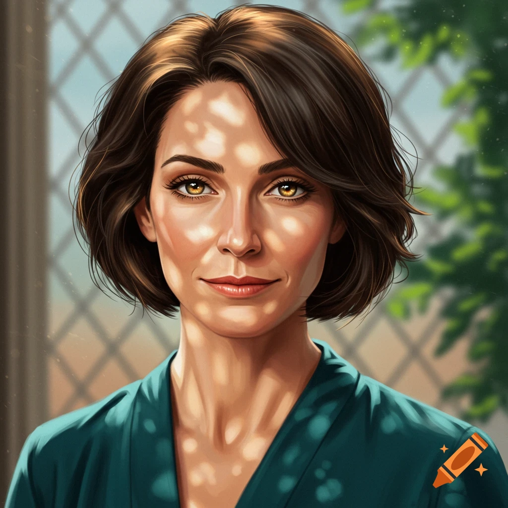 A digital art portrait of a woman with short brown hair and golden eyes, with dappled sunlight on her face and shoulders.